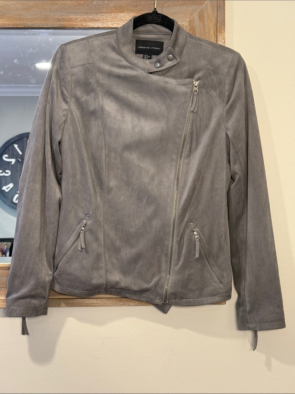 Adrienne Vittadini Gray Faux Suede Asymmetrical Zip Leather Jacket